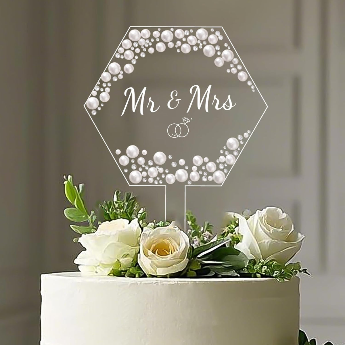 Coucoland Mr and Mrs Cake Topper - Hexagon Wedding Cake Decor with Rhinestones and Pearls for