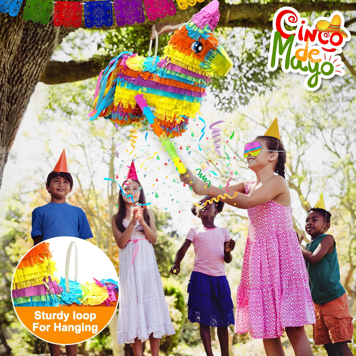 16" Cinco de Mayo Pinata, Large Rainbow Color Donkey Pinata 16 x 13 x 5.5 ln with Stick and