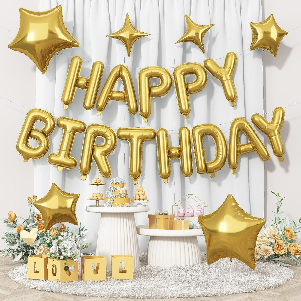 Gold Happy Birthday Balloon Banner, 16 Inch Mylar Foil Letter Balloons, Reusable Birthday