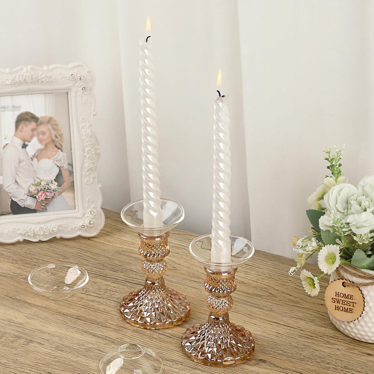 OwnMy Set of 2 Gold Glass Taper Candle Holders Decorative Glass Candlestick Holders, Modern Taper