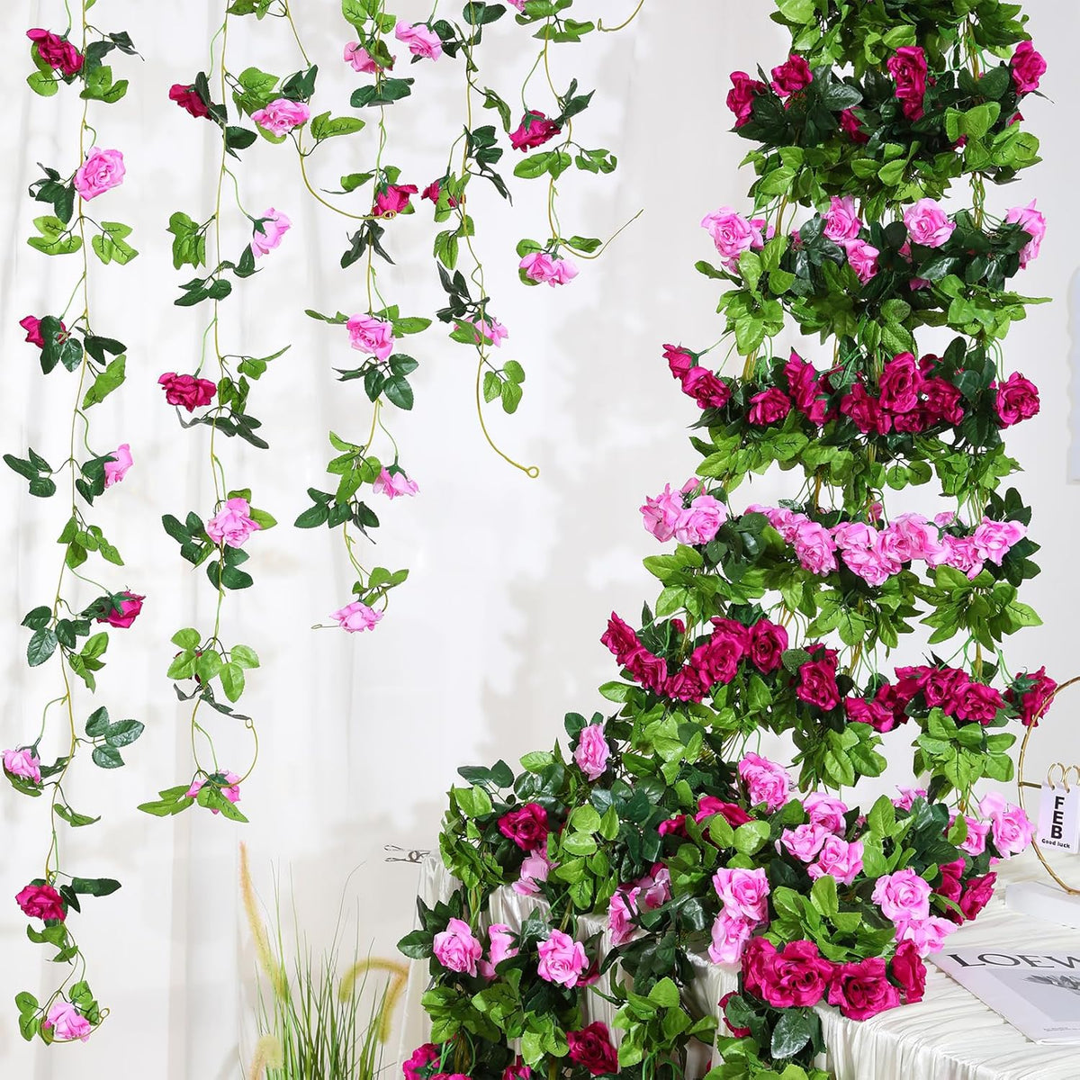 Floweroyal 6 Pack Artificial Flower Garlands 15.8FT Fake Rose Vines Silk Flowers Hanging Rose Ivy