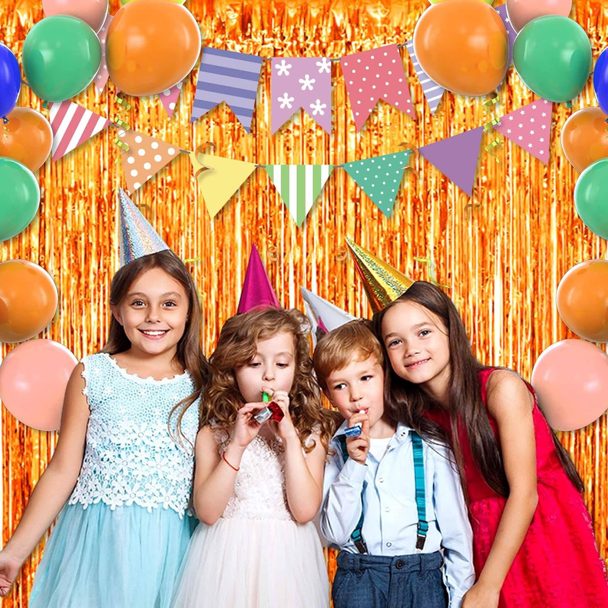 6 Pack Orange Foil Fringe Curtains Backdrop, 3.28 x 8.2 Ft Metallic Streamers Tinsel Curtains