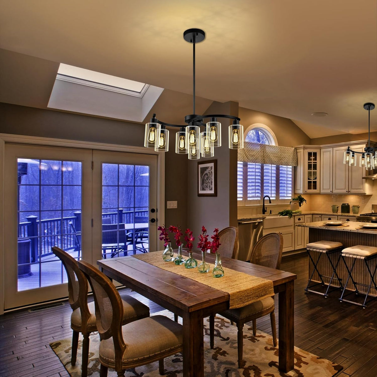 9-Light Black Modern Chandeliers for Dining Room, Adjustable Height Farmhouse Kitchen Island