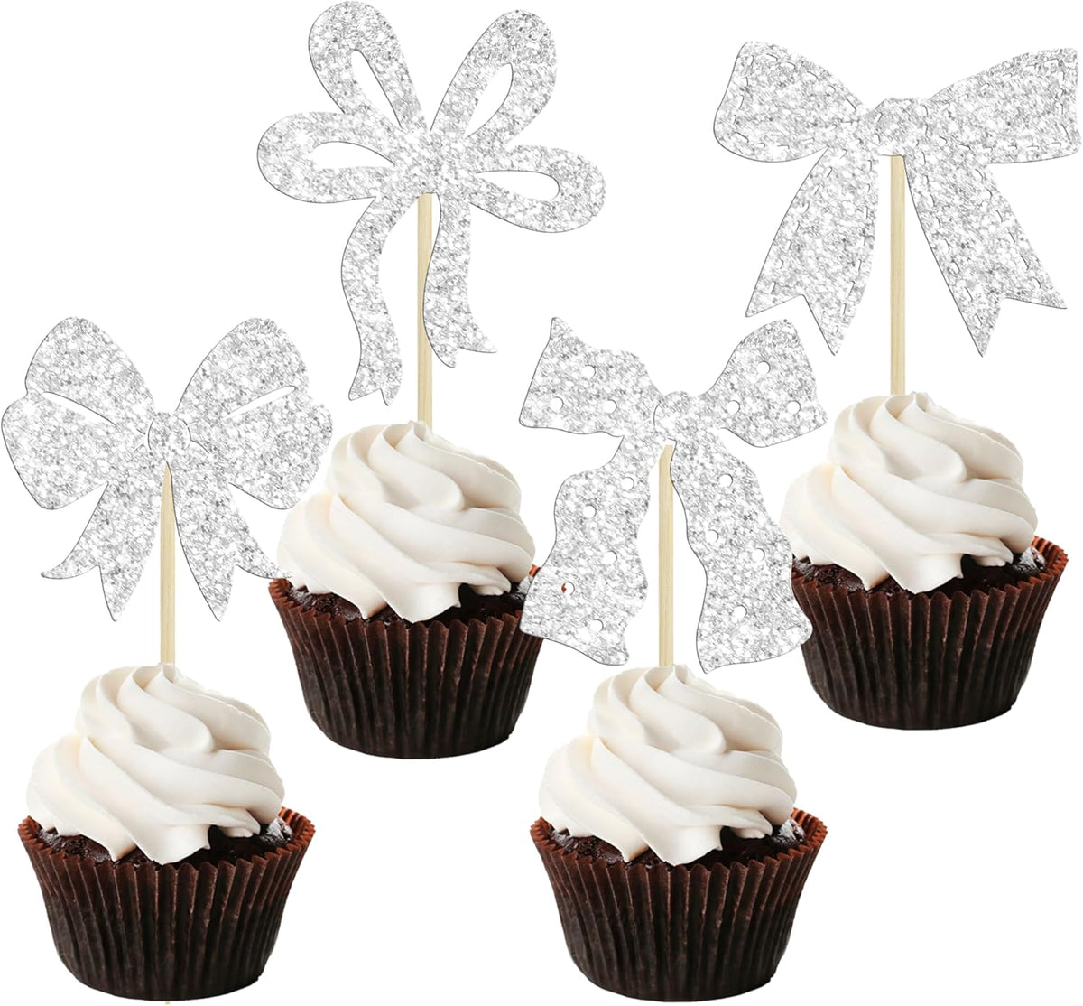Ephlyn 24pcs Silver Bow Cupcake Toppers for Birthday, Baby Shower, Bridal Shower, Wedding