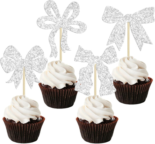 Ephlyn 24pcs Silver Bow Cupcake Toppers for Birthday, Baby Shower, Bridal Shower, Wedding