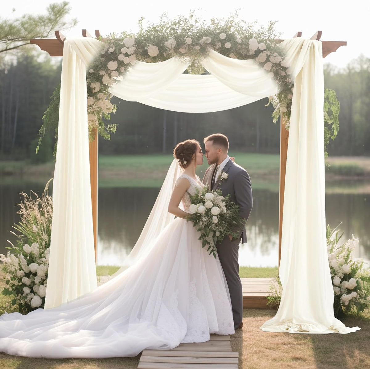 30" x 20Ft Wedding Arch Draping Fabric, 2 Panels Ivory Sheer Curtain Drapes Extra Wide & Long
