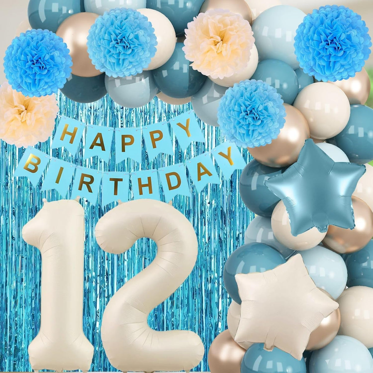 Dusty Blue 12th Birthday Party Decorations Boys Girls Beige Cream Number 12 Balloon with Blue Gold