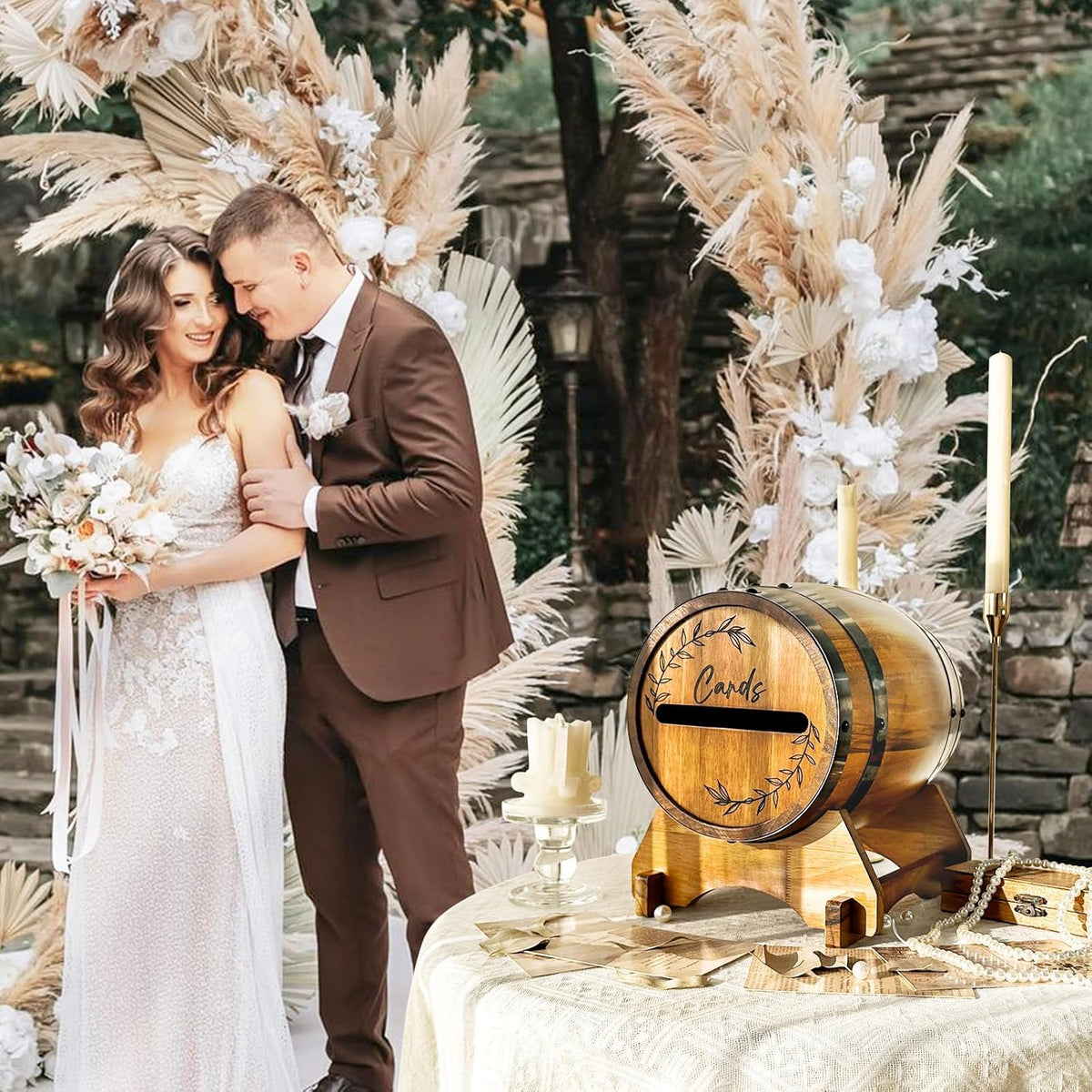 OurWarm Wooden Wedding Card Box for Party with Base, Brown Whiskey Barrel Gift Card Box Holder for