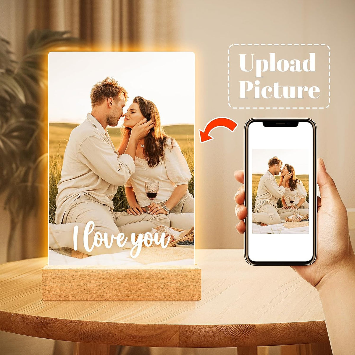 Personalized Picture Frame with Photo, Customized Photo Frame with Night Light, Custom Couple