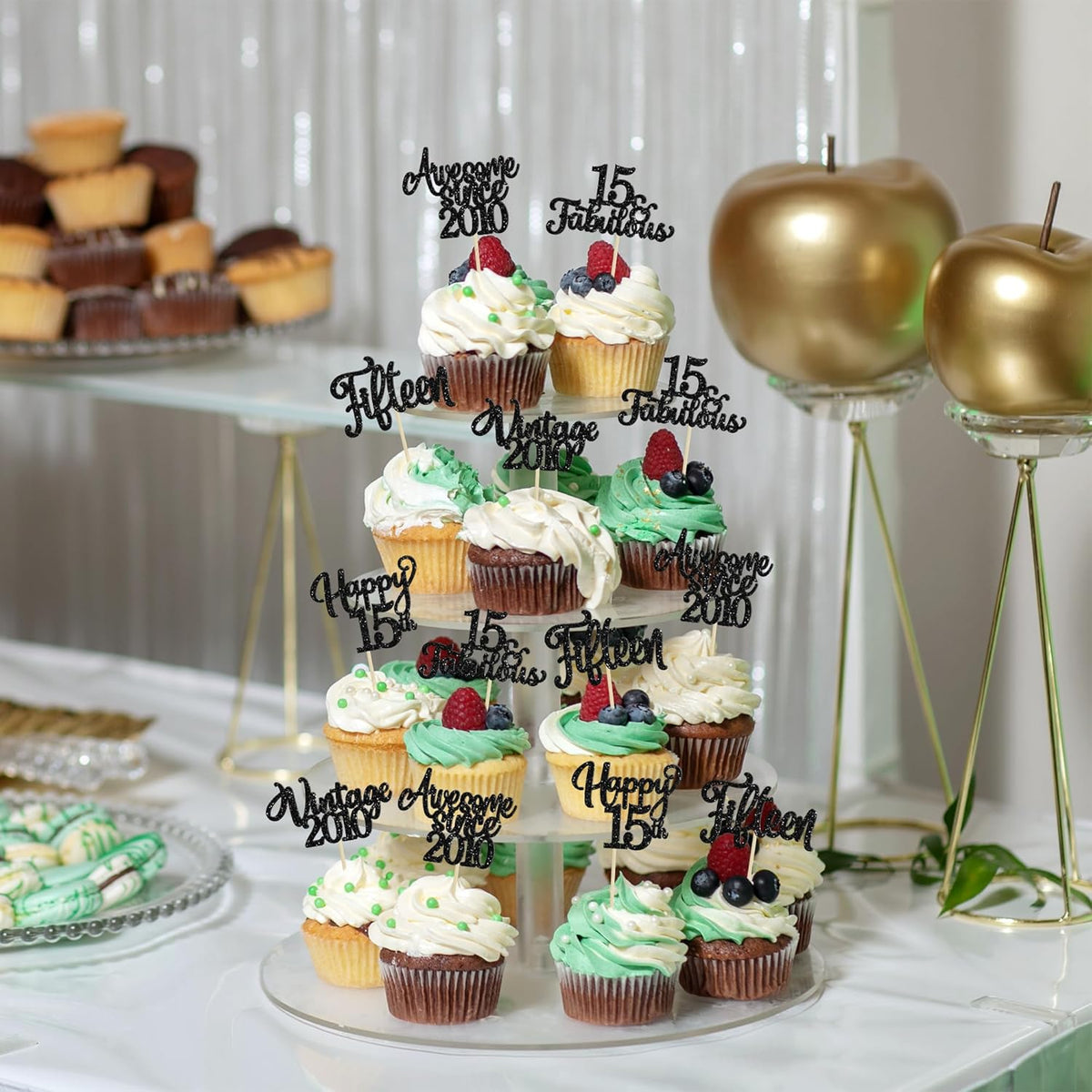 30Pcs Happy 15th Birthday Cupcake Toppers Glitter Fifteen Vintage 2010 Cupcake Picks Cheers to 15