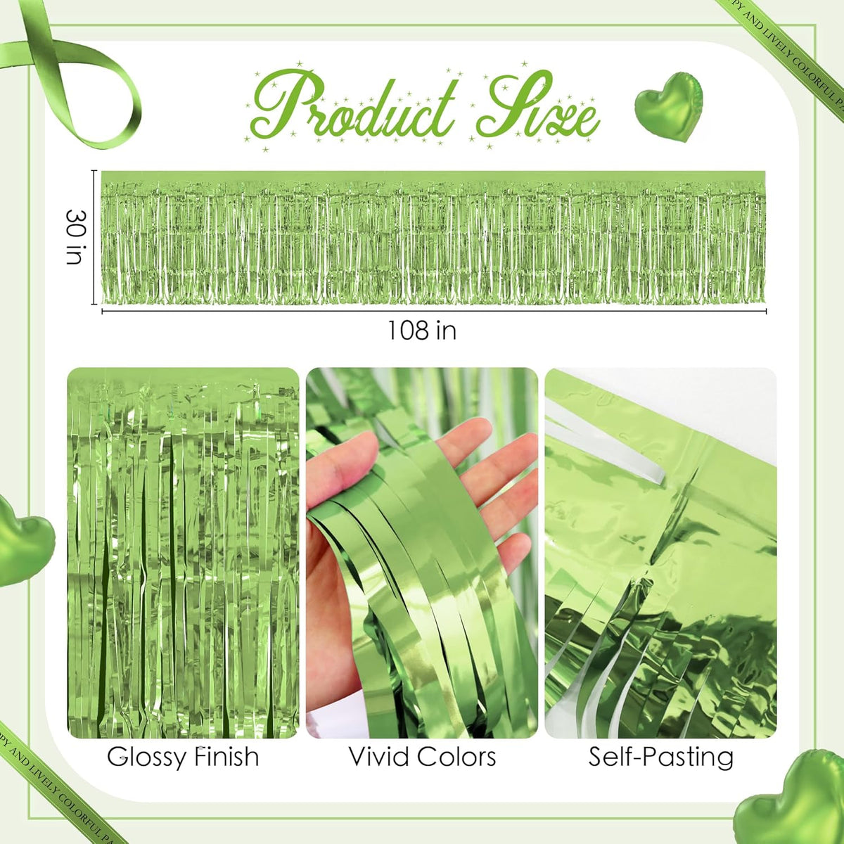 2 Pack Light Green Table Skirts, 29x108" Metallic Foil Tinsel Fringe Table Skirts for Rectangle