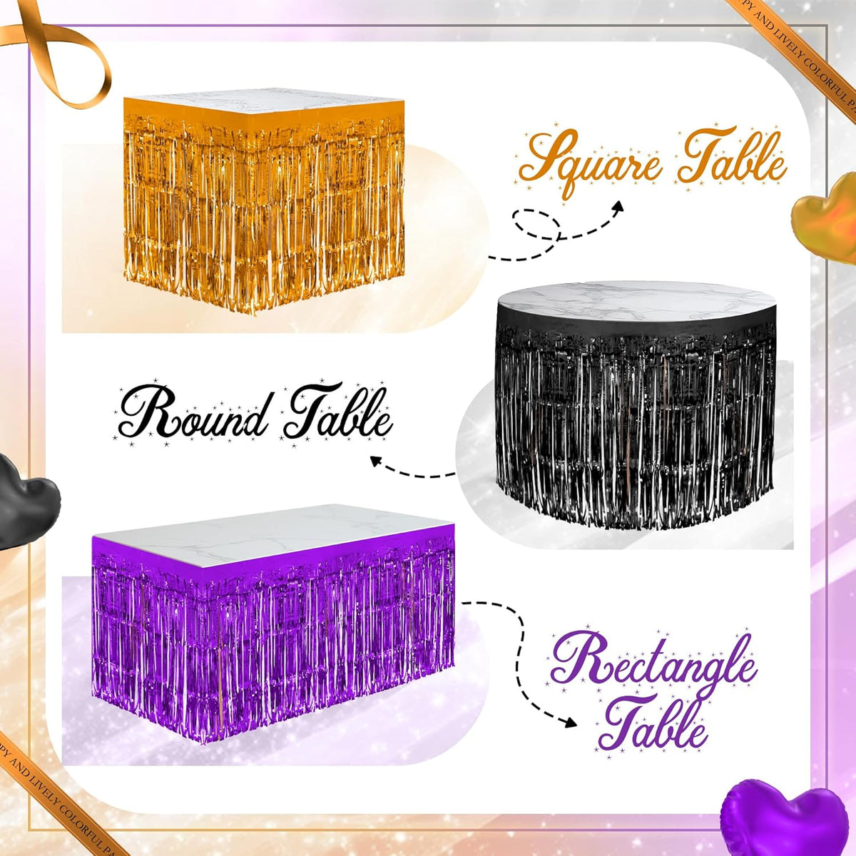 3 Pack Black Dark Purple Orange Table Skirts, 29x108" Metallic Foil Tinsel Fringe Table Skirt for
