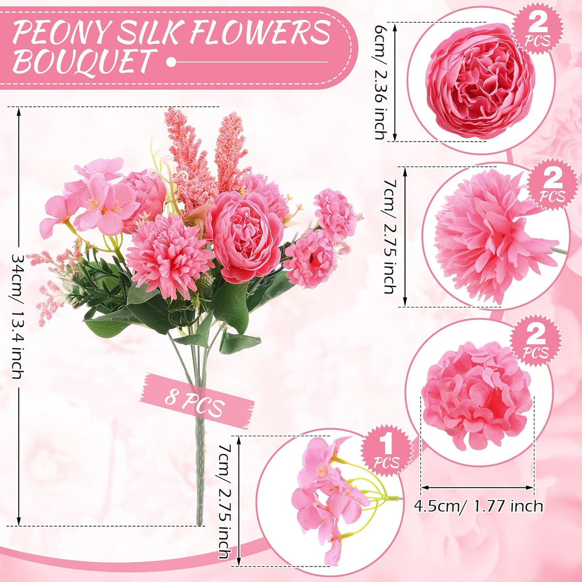 Zeyune 8 Pcs Wedding Silk Flowers Fake Silk Flowers Faux Bouquet Hydrangea Bouquets for Wedding