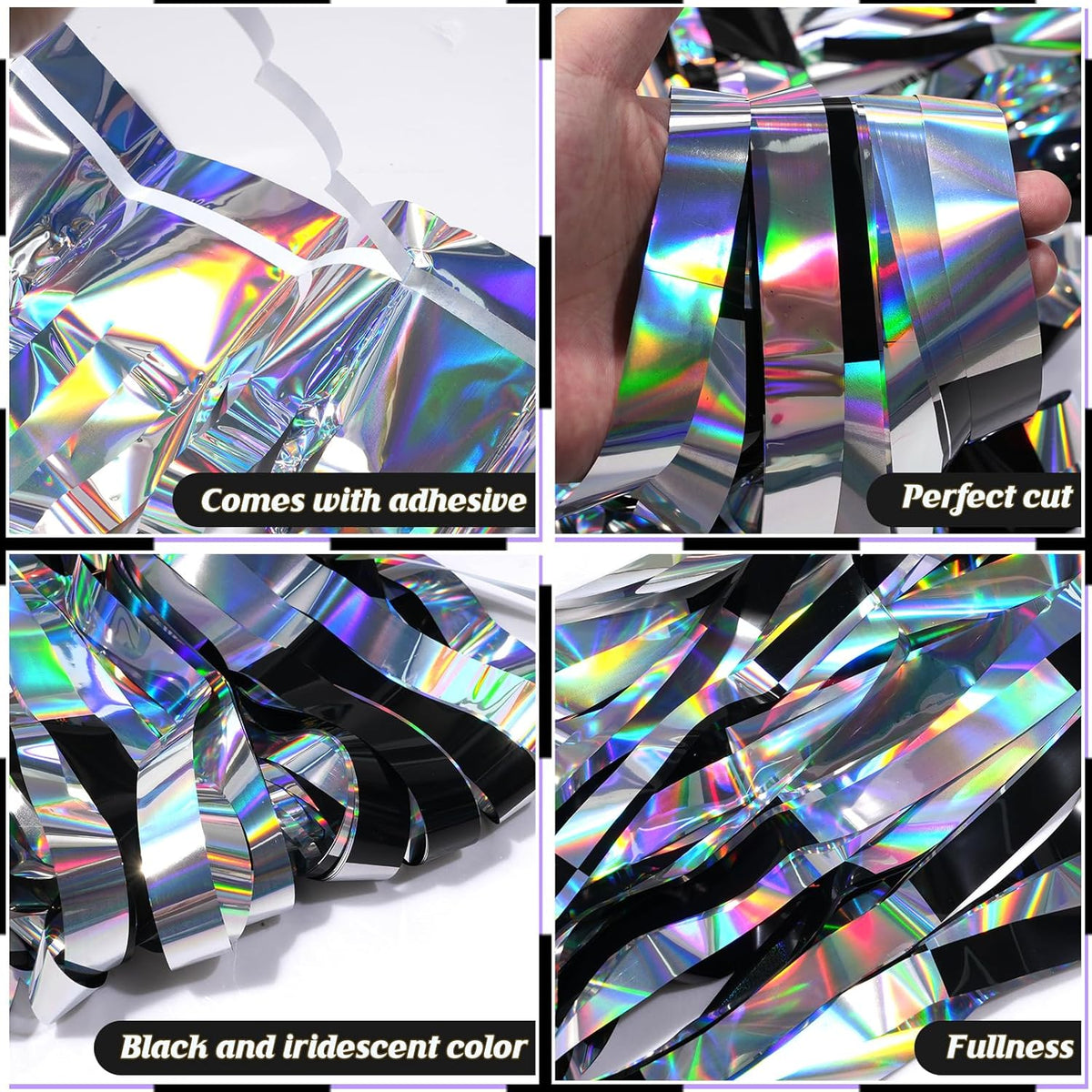 2 Pack 3.3Ft x 6.6Ft Race Car Checkered Foil Fringe Curtain Backdrop Decorations, Black Iridescent