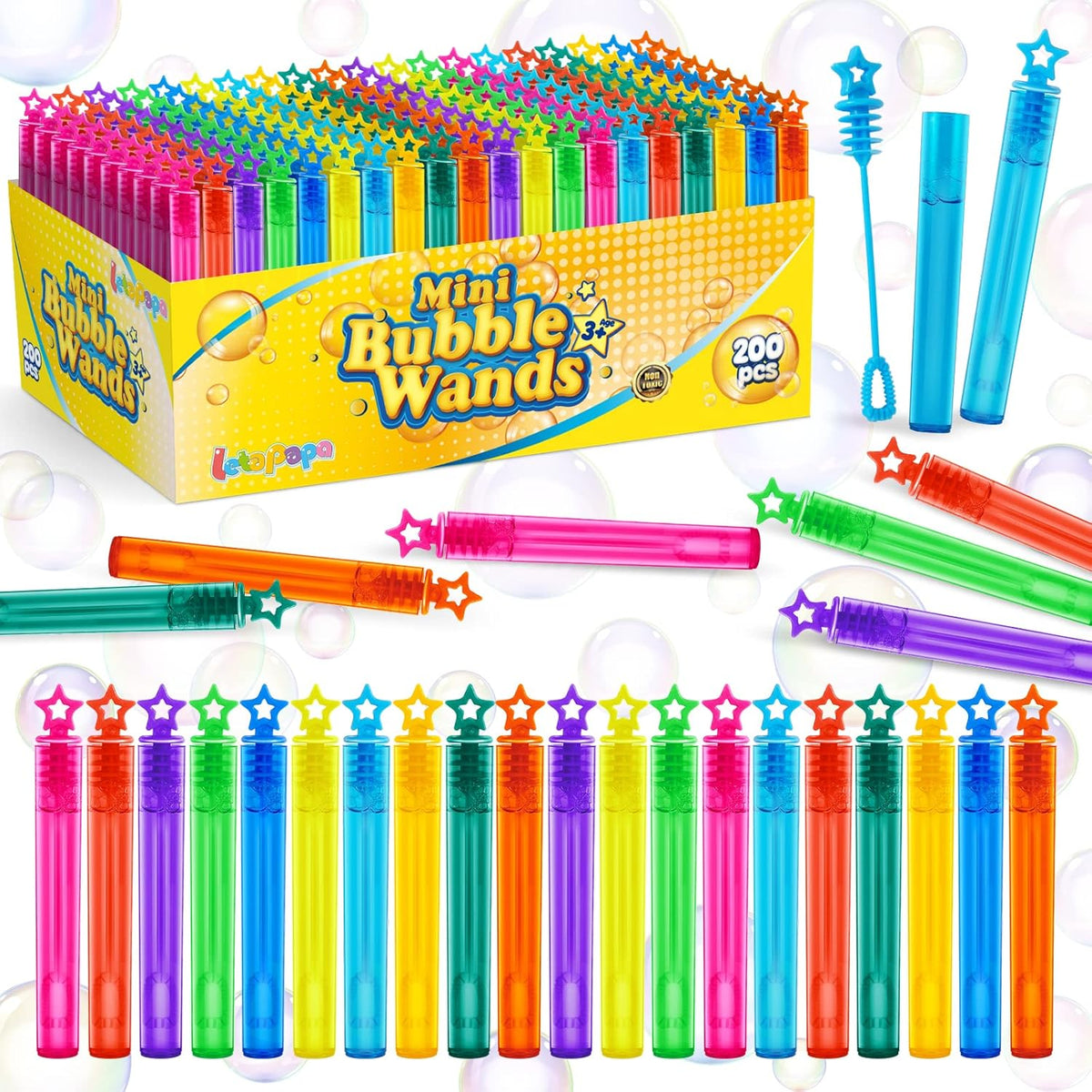 Letapapa Bubble Wand, 200 Pcs Mini Bubble Wands Bulk in 10 Colors, Bubble Party Favors for Kids