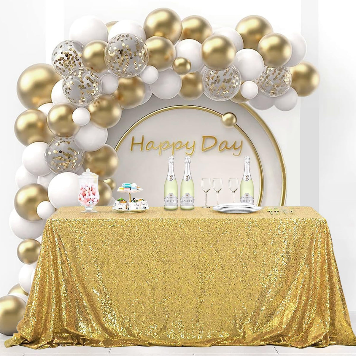 OQSQ Gold Sequin Tablecloth 50x80 inch, Glitter Drape Table Cloth, Sparkle Sequence Table Overlays