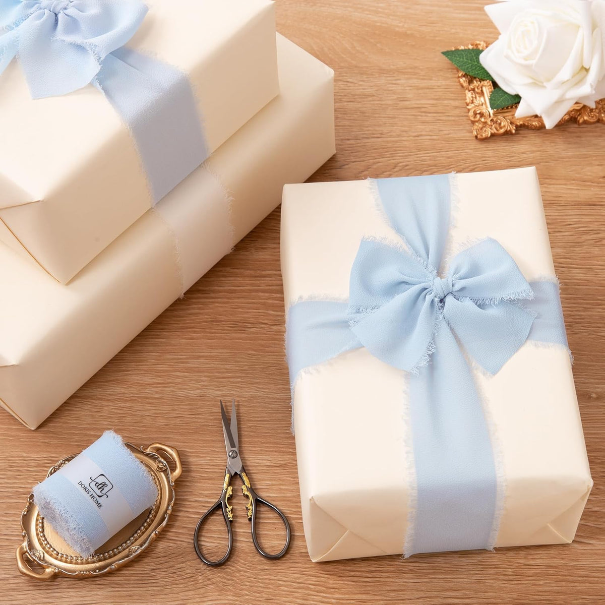 DORIS HOME Baby Blue Chiffon Ribbon for Flower Bouquet, 2" x21Yd Fabric Ribbon for Gift Wrapping