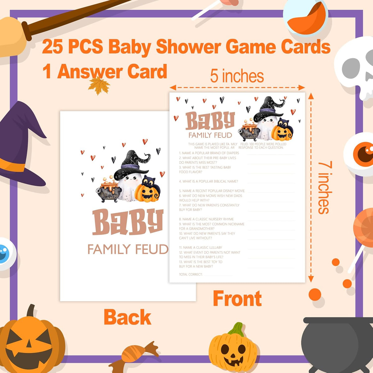 Baby Shower Games, Halloween Baby Family Feud, 25 Double-Sided Game Cards + 1 Answer Card for