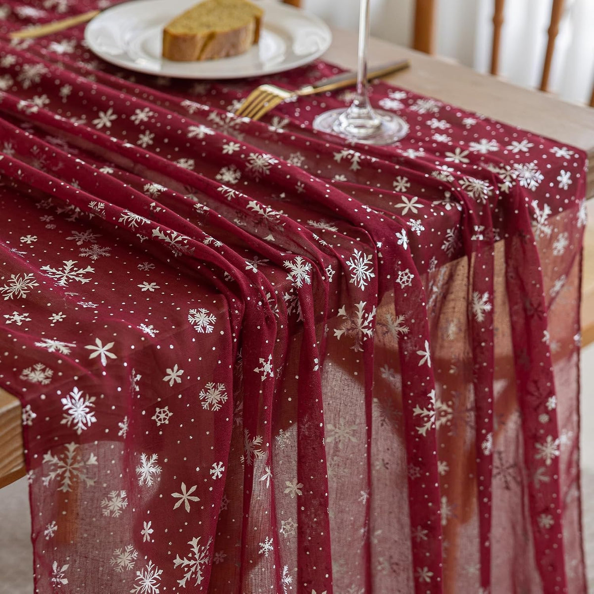 Silvery Snowflake Metallic Print Tulle Christmas Table Runner, Seasonal Winter Kitchen Dining Table