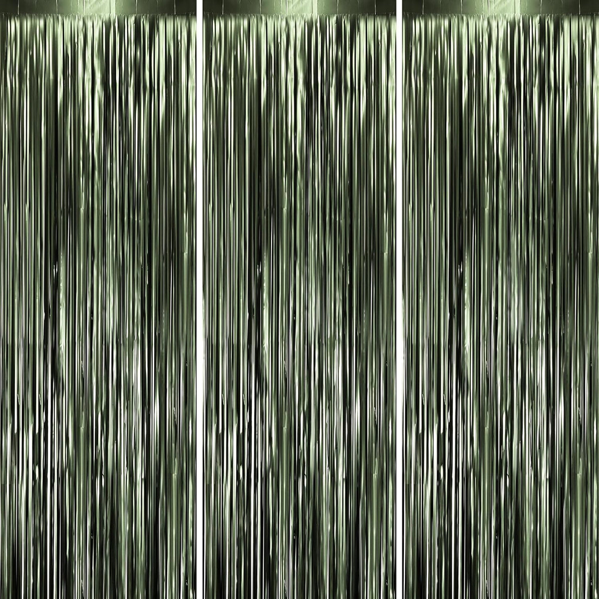 3 Pack 3.3 x 8.2 ft Matte Green Foil Fringe Backdrop Curtains, Tinsel Streamers Party Decorations