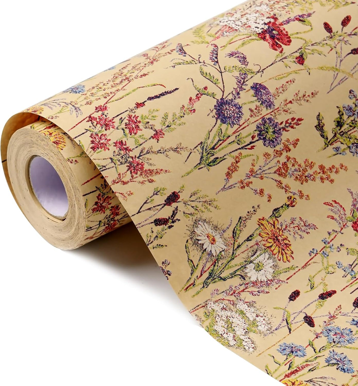 Tyzarglef Wild Flower Wrapping Paper Roll, 17 Inches x 32.8 Feet Kraft Floral Design Wrapping Paper