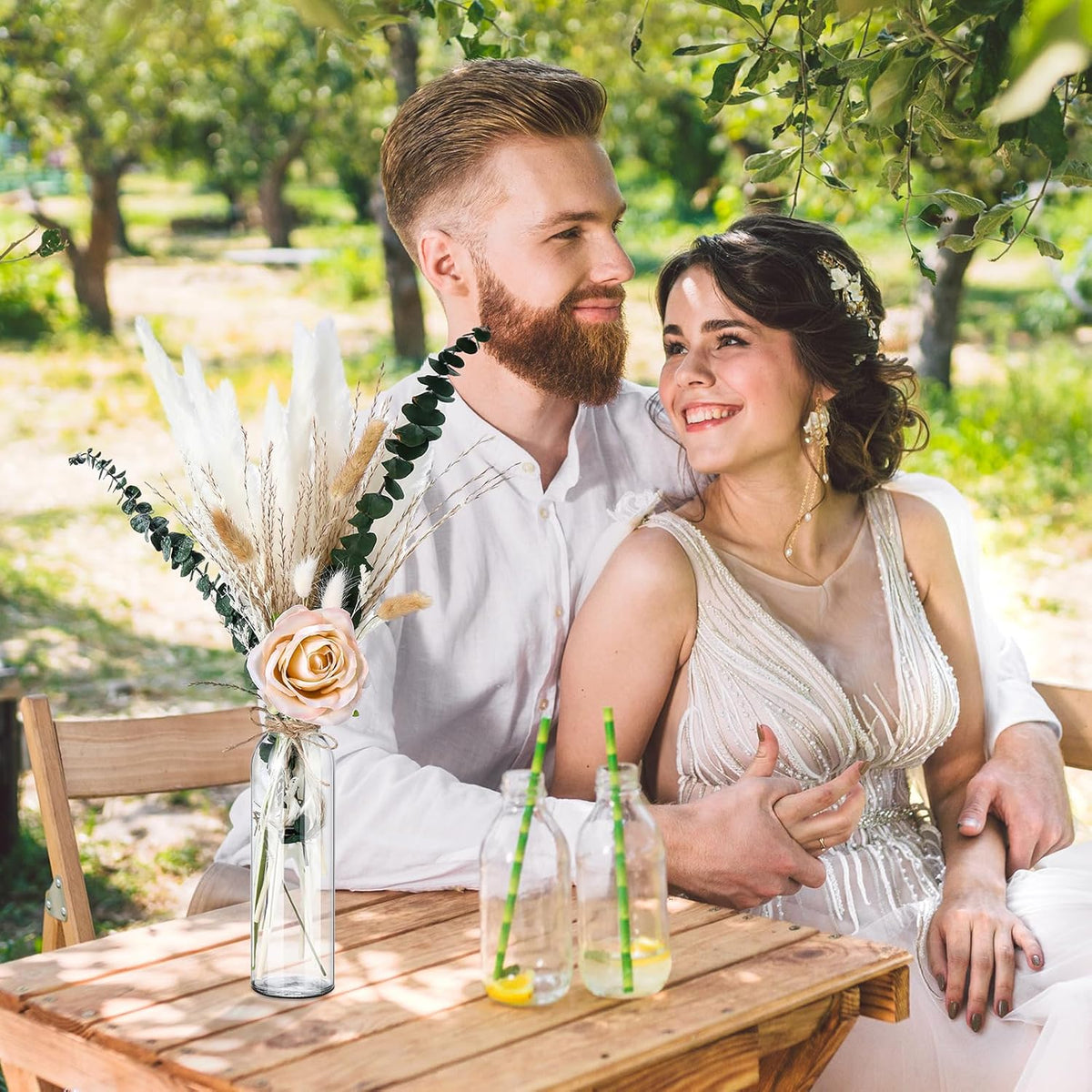 10 Set Dried Pampas Grass Centerpiece for Wedding 10 Clear Glass Jars 10 Artificial Roses 80 Dried