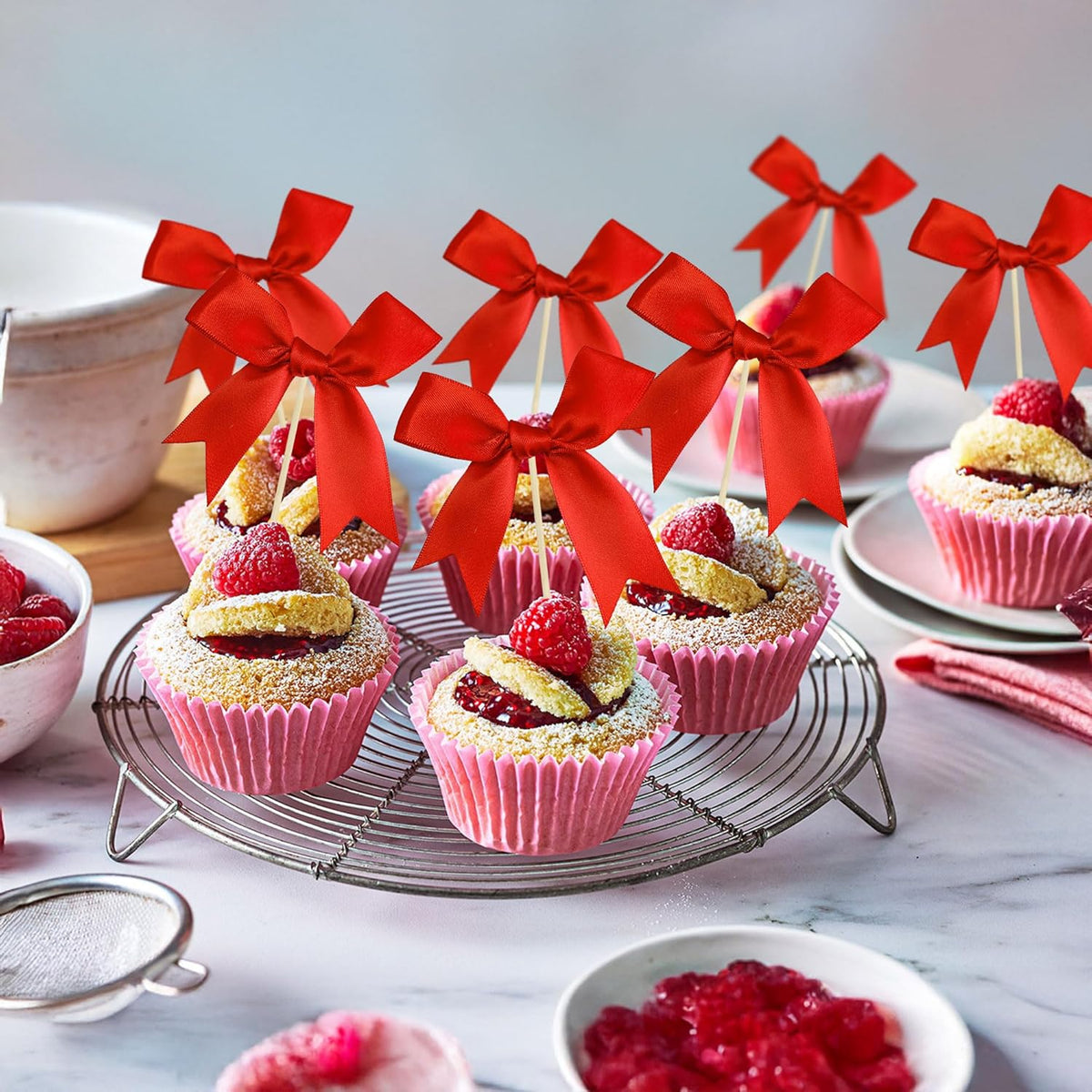 Gyufise 24Pcs Bow Cupcake Toppers Coquette Bow Girls Birthday Cake Decorations Bowknot Cake Toppers