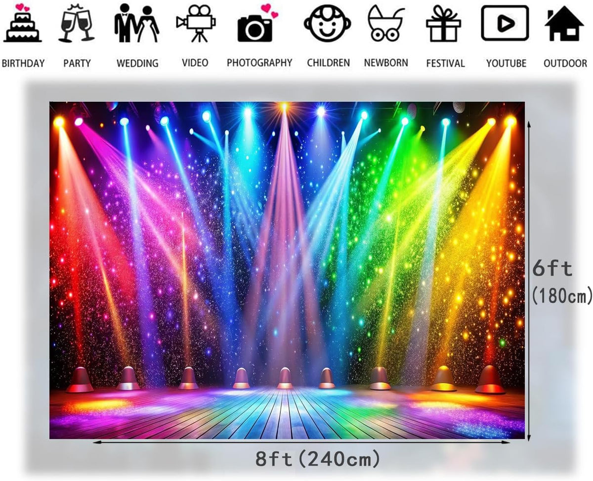 LTLYH 8x6ft Fabric Disco Rainbow Stage 70s 80s 90s Backdrop Vintage Lights Photography Background