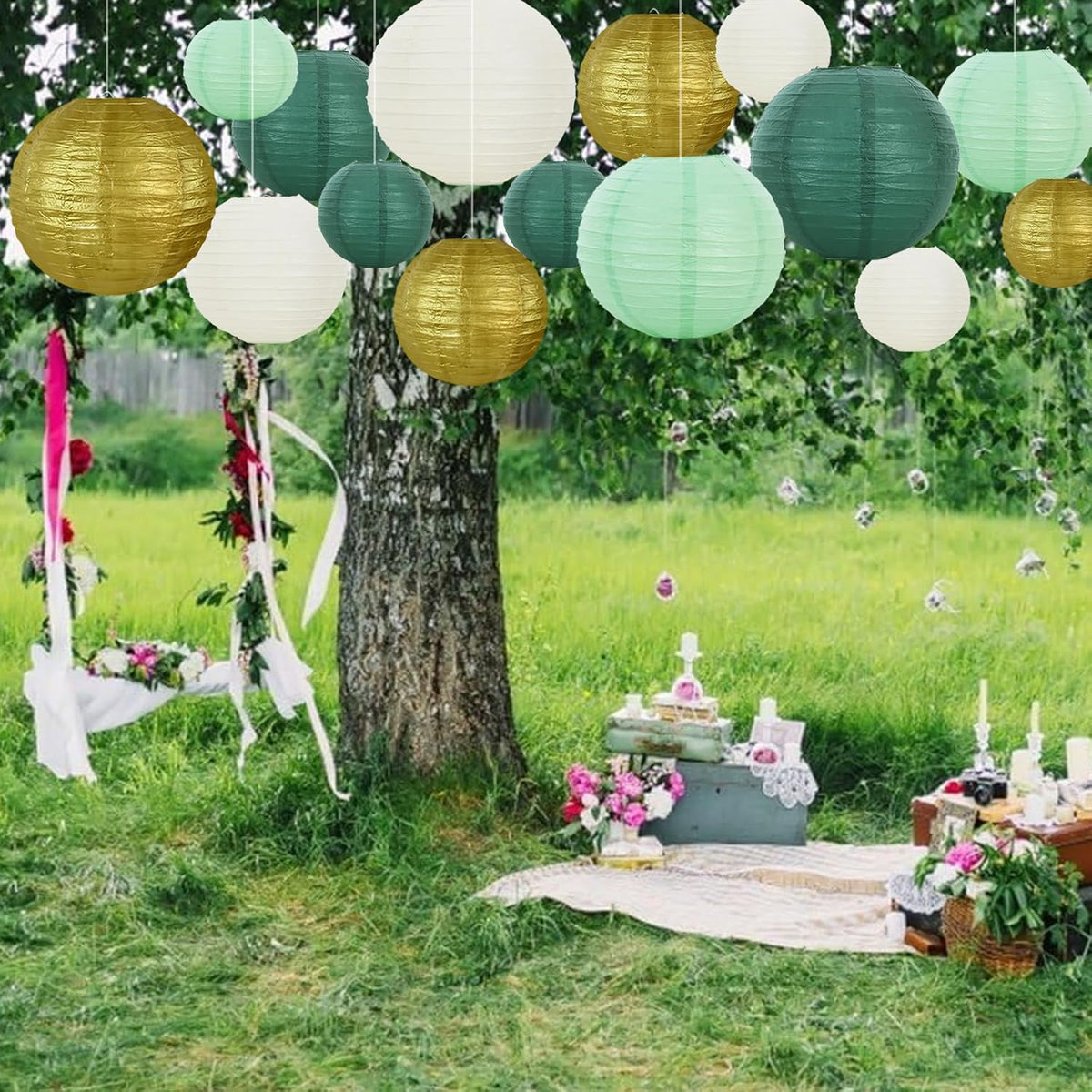 BEISHIDA 16 Pcs Sage Green Gold Paper Lanterns,Hanging Decorative Chinese Japanese Round Paper