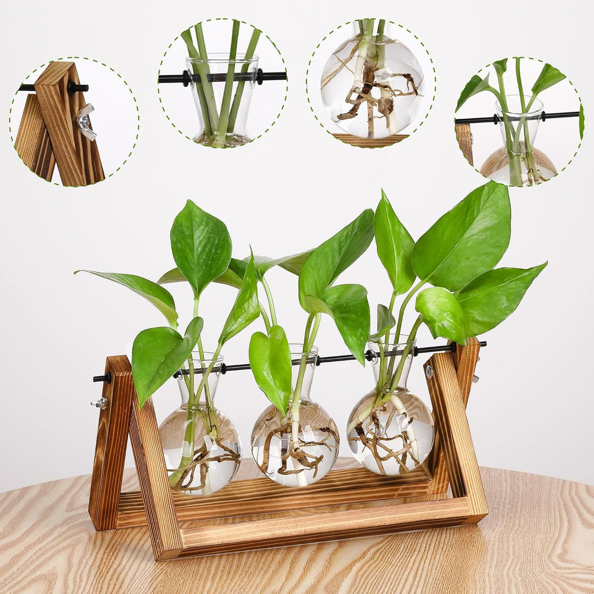 YIBOT Plants Propagation Stations,Desk Plant Terrarium with Retro Wooden Stand,Plant Lover Gifts