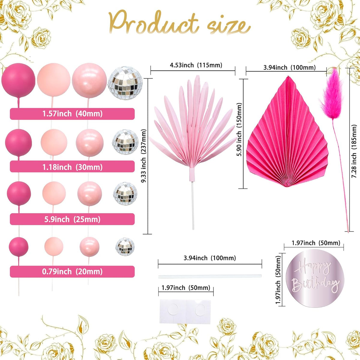 Ephlyn 33 Pack Balls Cake Toppers Boho Palm Leaves Cake Decorations Round Acrylic Happy Birthday