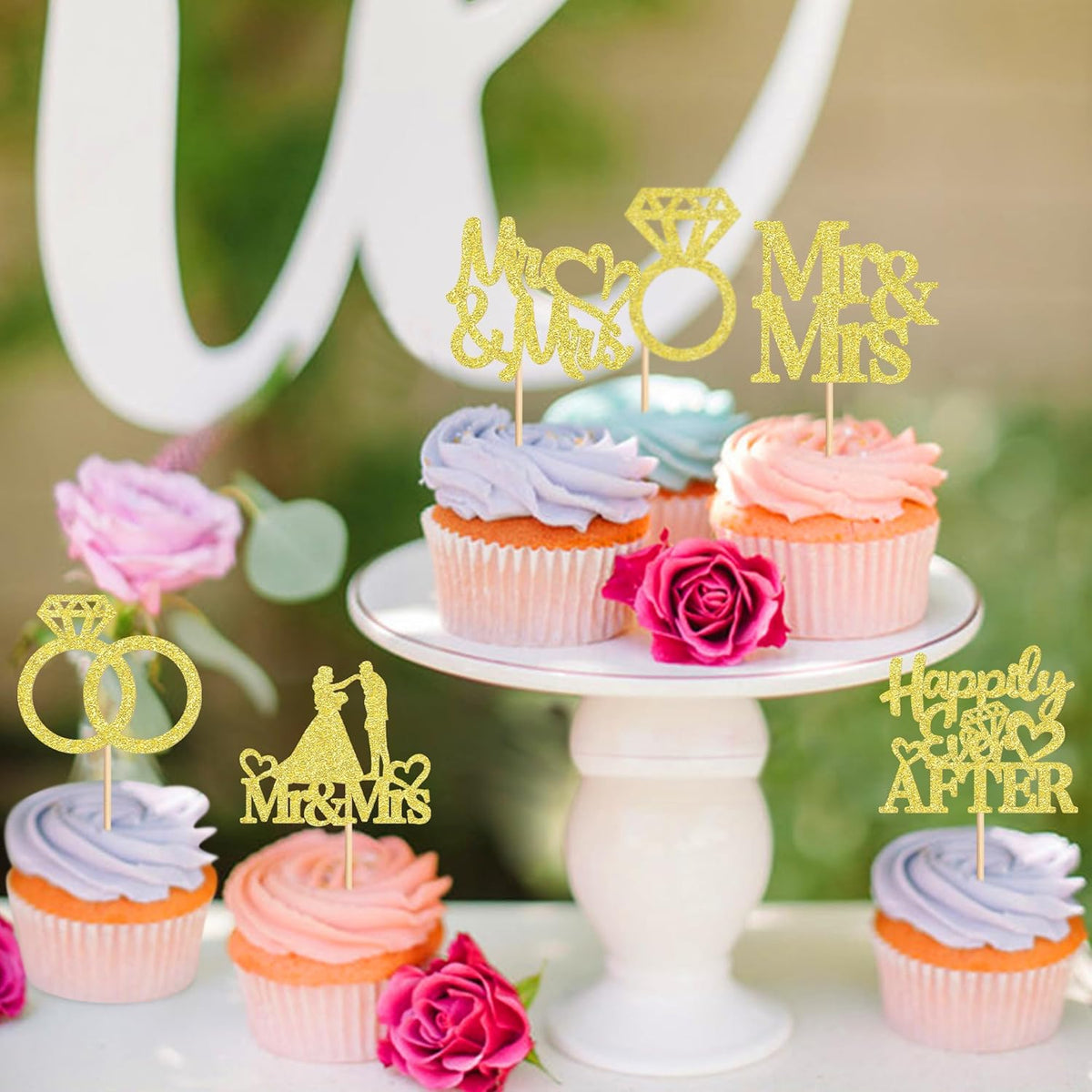 24 PCS Mr & Mrs Cupcake Toppers Wedding Engagement Party Picks Bridal Shower Anniversary Party Cake