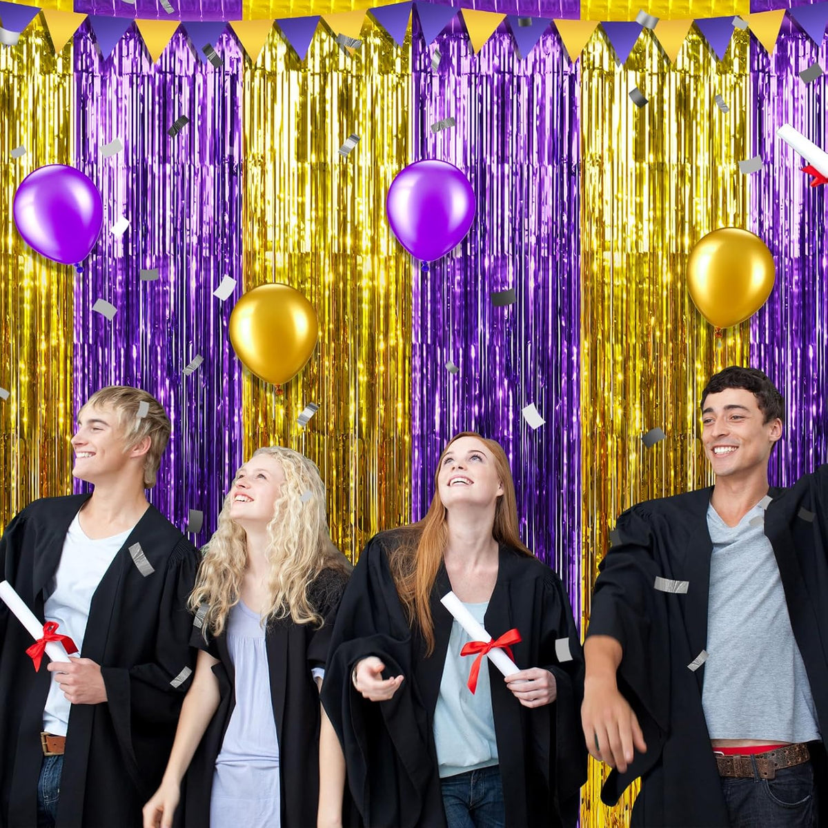 3Pack 3.3Ft x 6.6Ft Graduation Foil Fringe Curtain Backdrop Decorations, Purple Gold Metallic