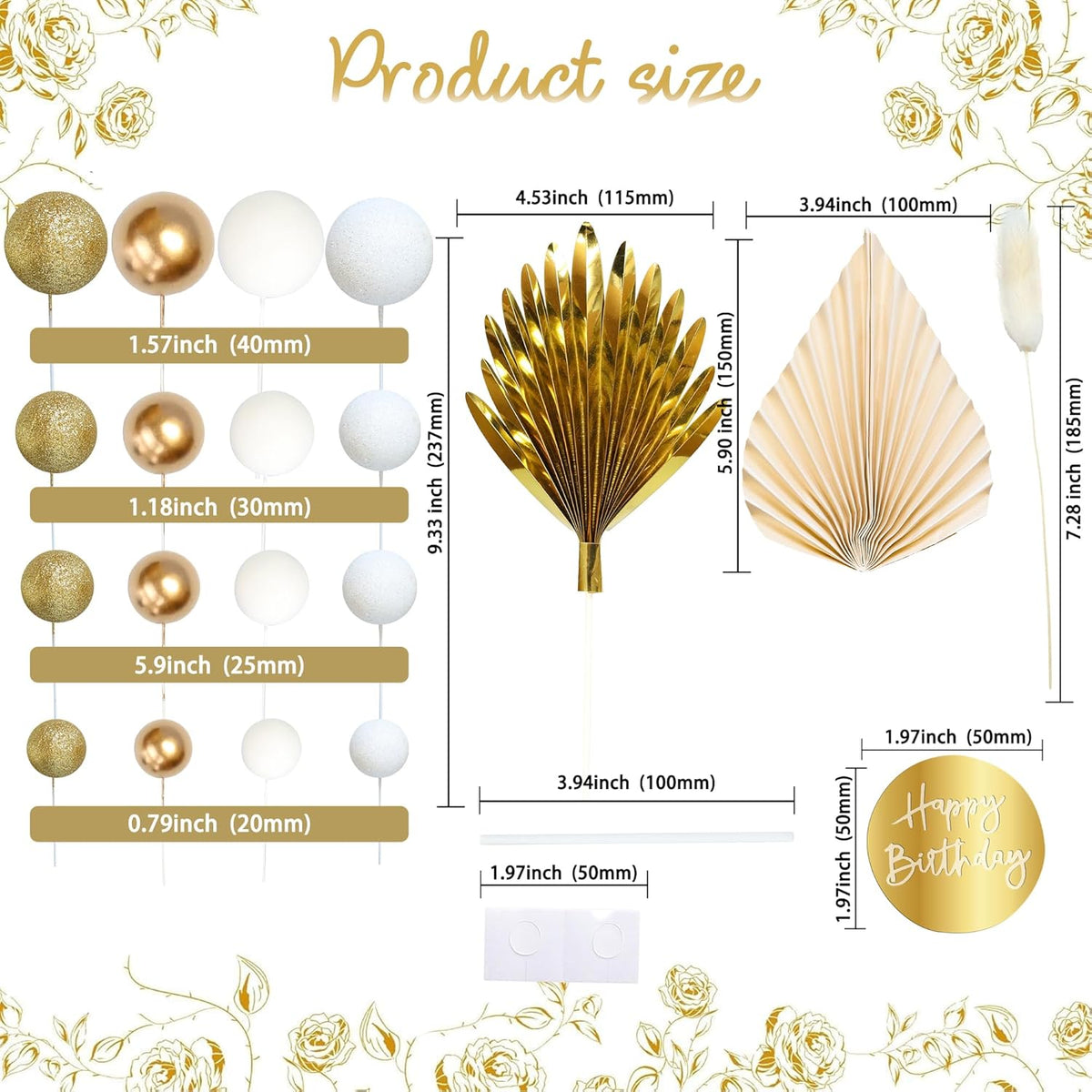 Ephlyn 33 Pack Balls Cake Toppers Boho Palm Leaves Cake Decorations Round Acrylic Happy Birthday