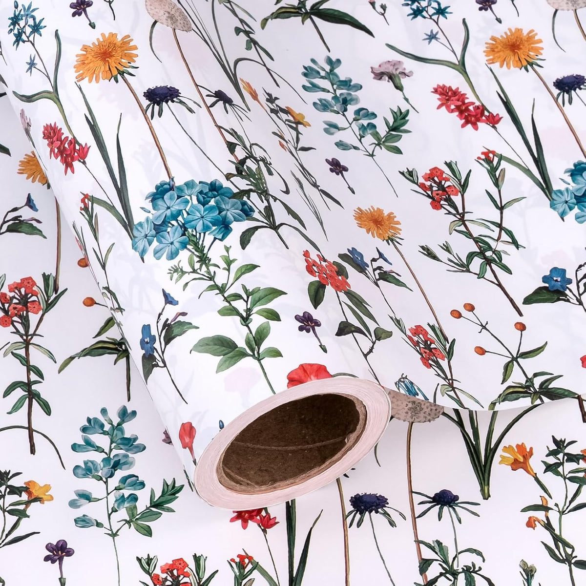 WRAPAHOLIC Kraft Wildflower Wrapping Paper - Mini Roll - 17 Inch x 16.5 Feet - Floral Wrapping