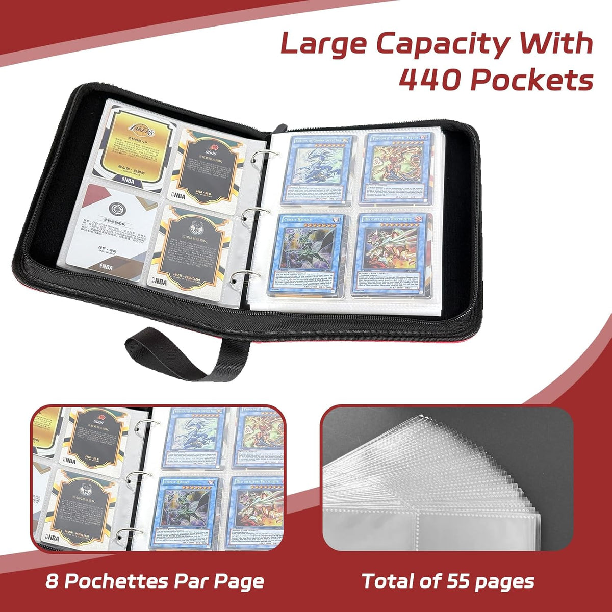 440 Pockets Card Binder, Portable Trading Card Binder with 55 Removable Sleeves, Waterproof Card