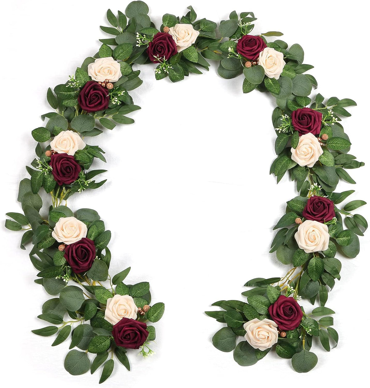 ponatia 6.5FT Handcrafted Artificial Rose Flower Garland, Eucalyptus Greenery Garland for Wedding