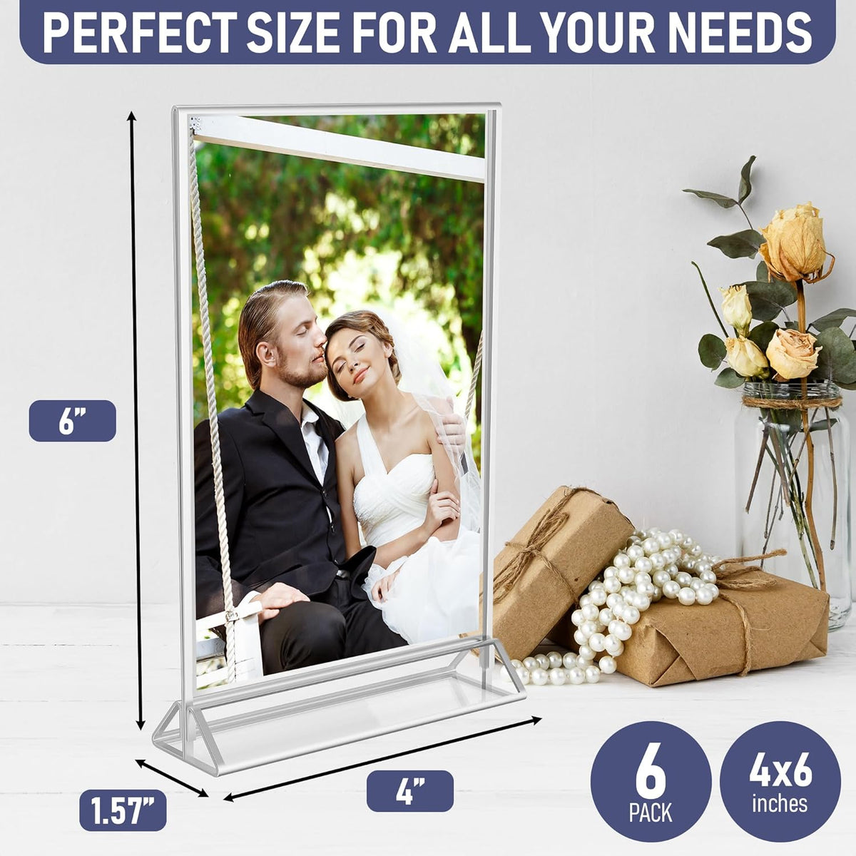 Silver Picture Frames Double-Sided, 6-Pack 4x6 Acrylic Table Number Holders, Clear Easel Stands for