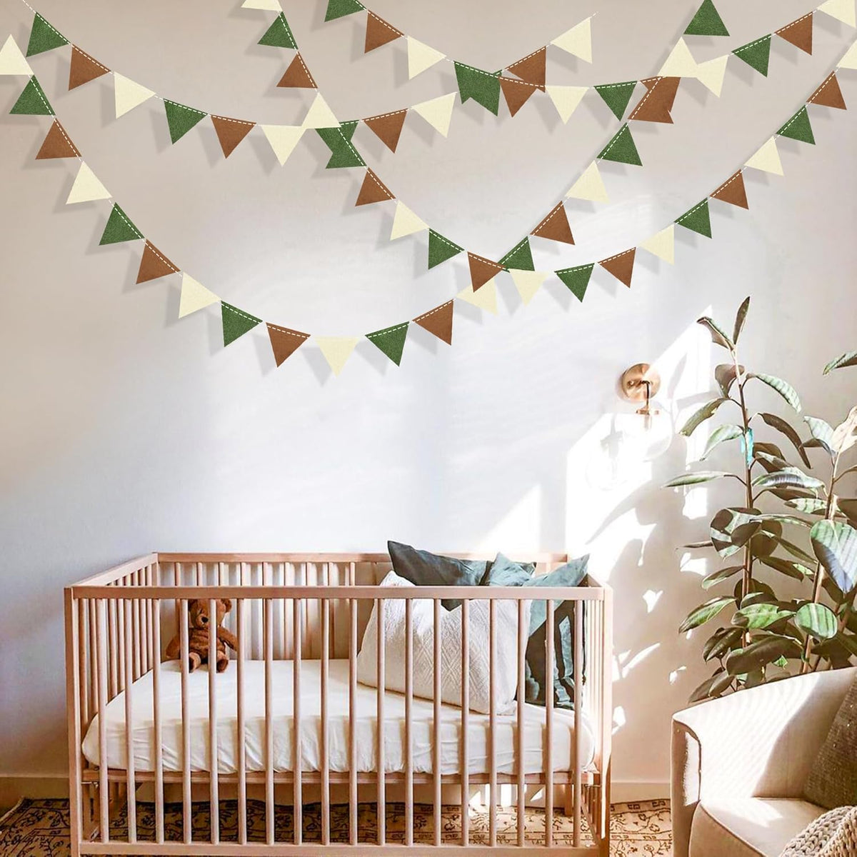 Jungle Party Decoration Sage Green Brown Beige Felt Hanging Triangle Mini Bunting Pennant Banner