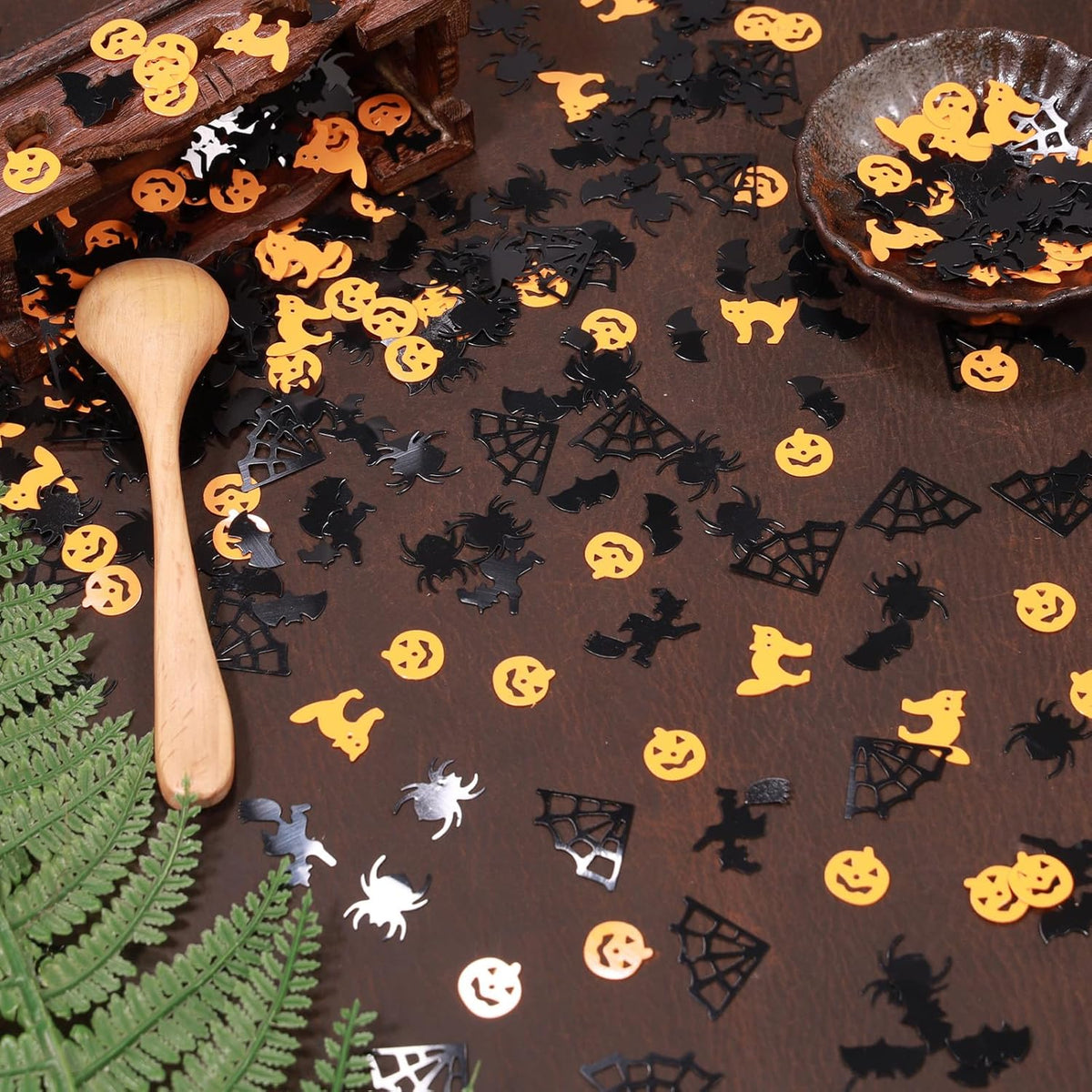 Orange and Black Halloween Party Table Scatter Confetti, 3000 Pcs Pumpkin Spider Webs Bat Foil