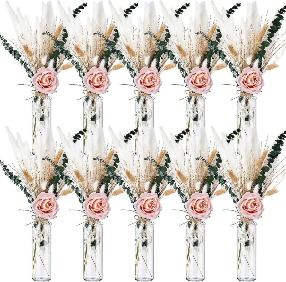 10 Set Dried Pampas Grass Centerpiece for Wedding 10 Clear Glass Jars 10 Artificial Roses 80 Dried