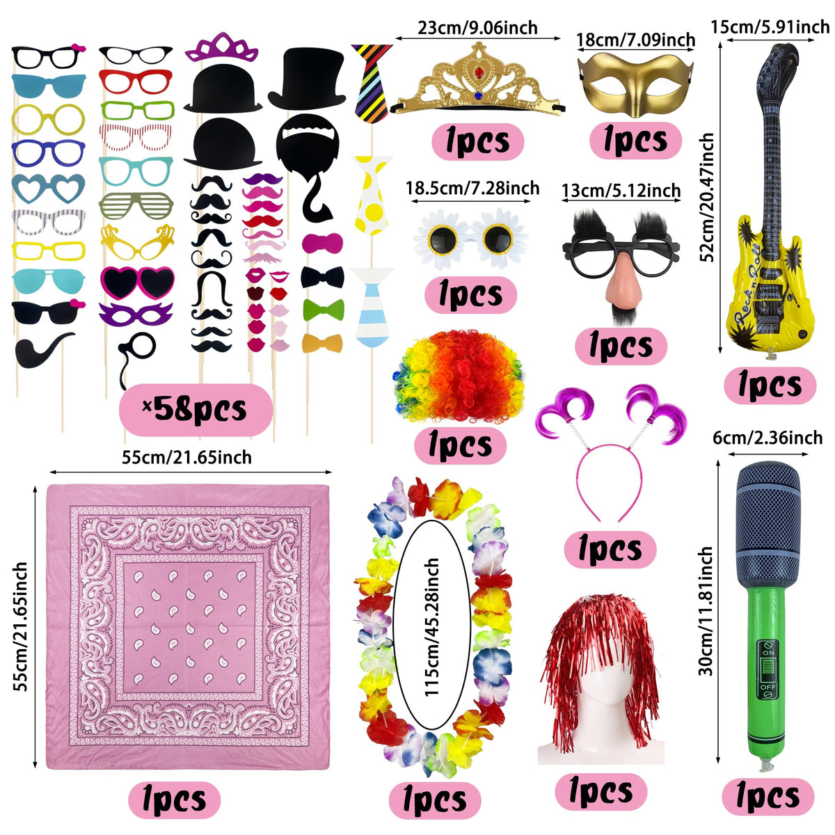 69PCS Colorful Photo Booth Props Set Novelty Funny Hats Wigs Glasses Props Sign Perfect for
