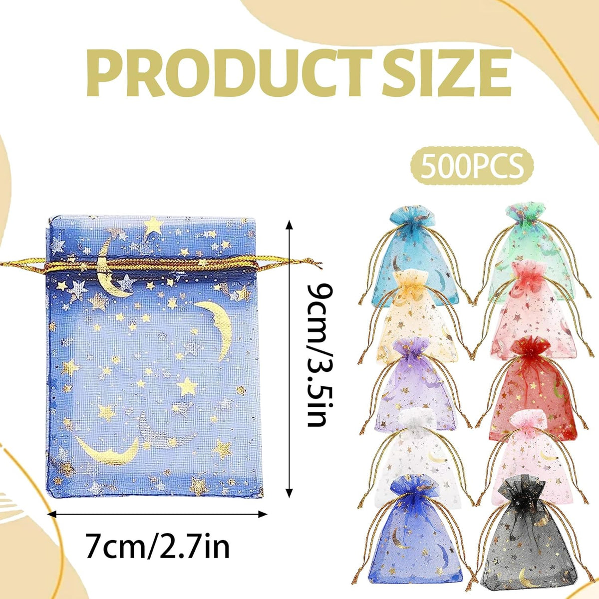 500 Pcs Moon Star Organza Jewelry Candy Bags Wedding Favor 2.8x3.5 Inch with Drawstring Multi
