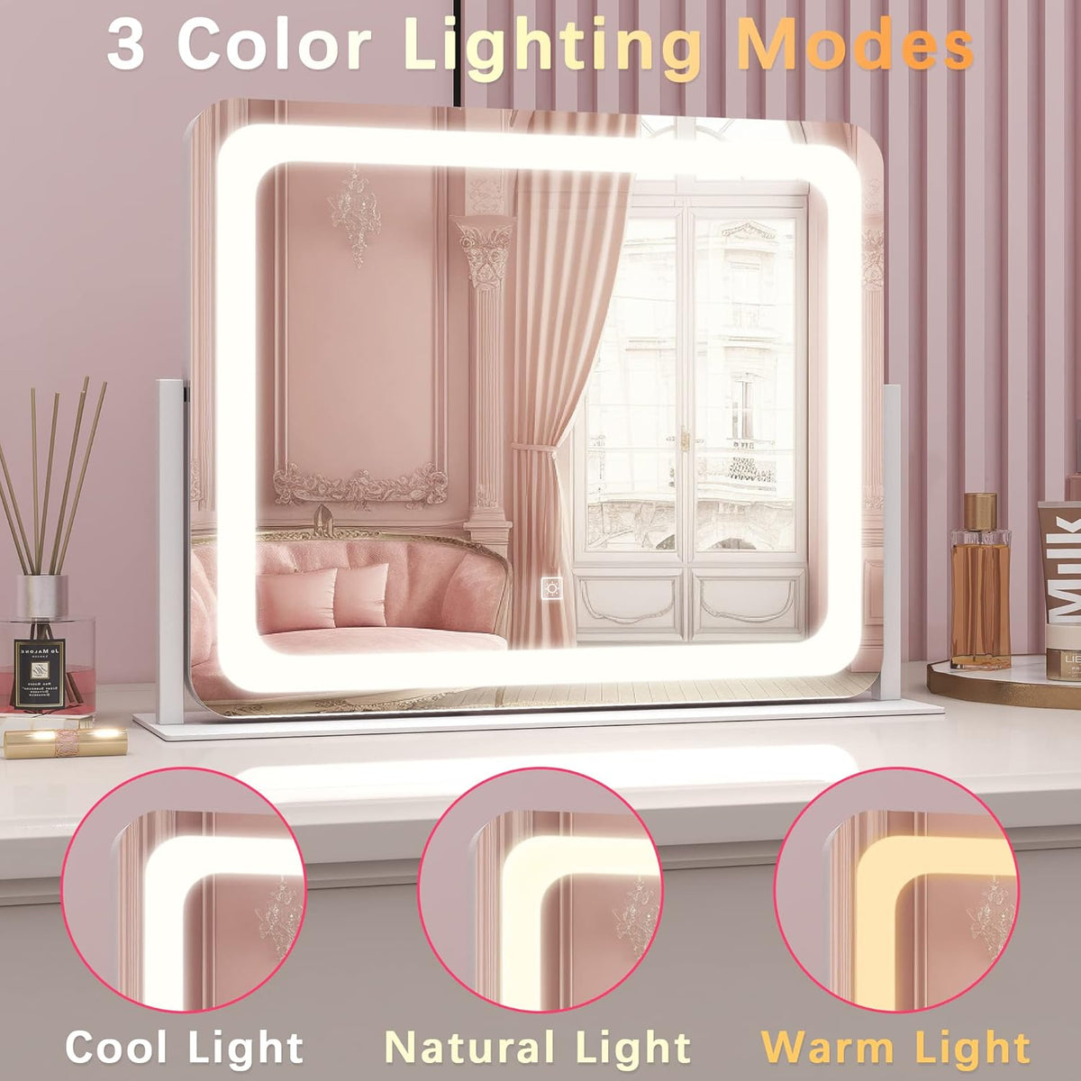 22x17 Inch Lighted Vanity Mirror with Dimmable LED Lights - 3 Color Modes, Smart Touch Control &