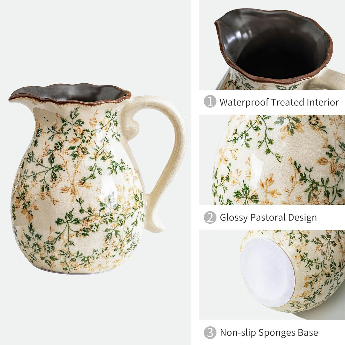 Green and White Vintage Vase with Handle, Chinoiserie Floral Pitcher Vase, Rustic Ceramic Farmhouse