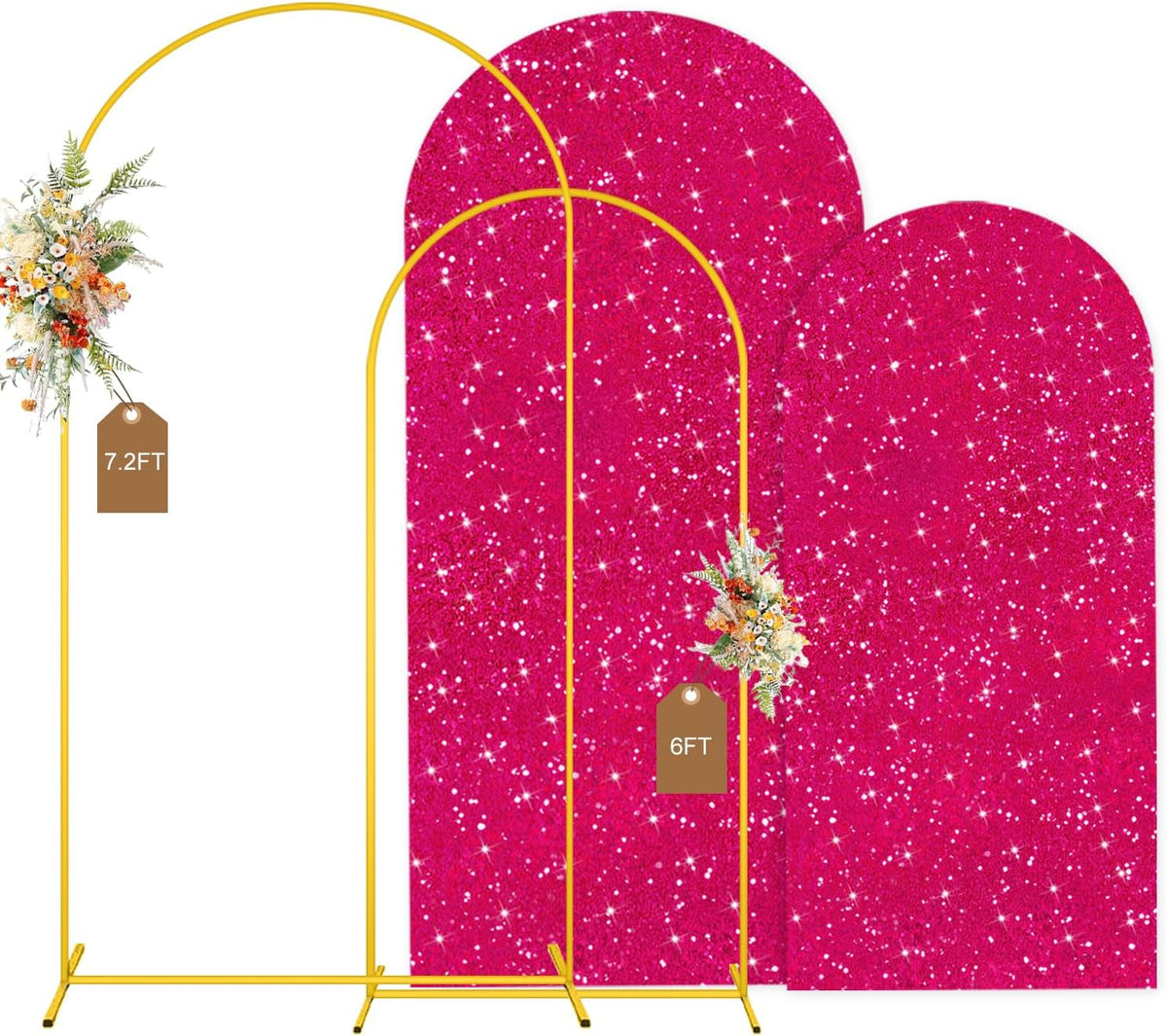 MODFUNS Arch Backdrop Stand and Cover Set 6&7.2ft Hot Pink Sequins Arch Backdrop Cover Metal Arch