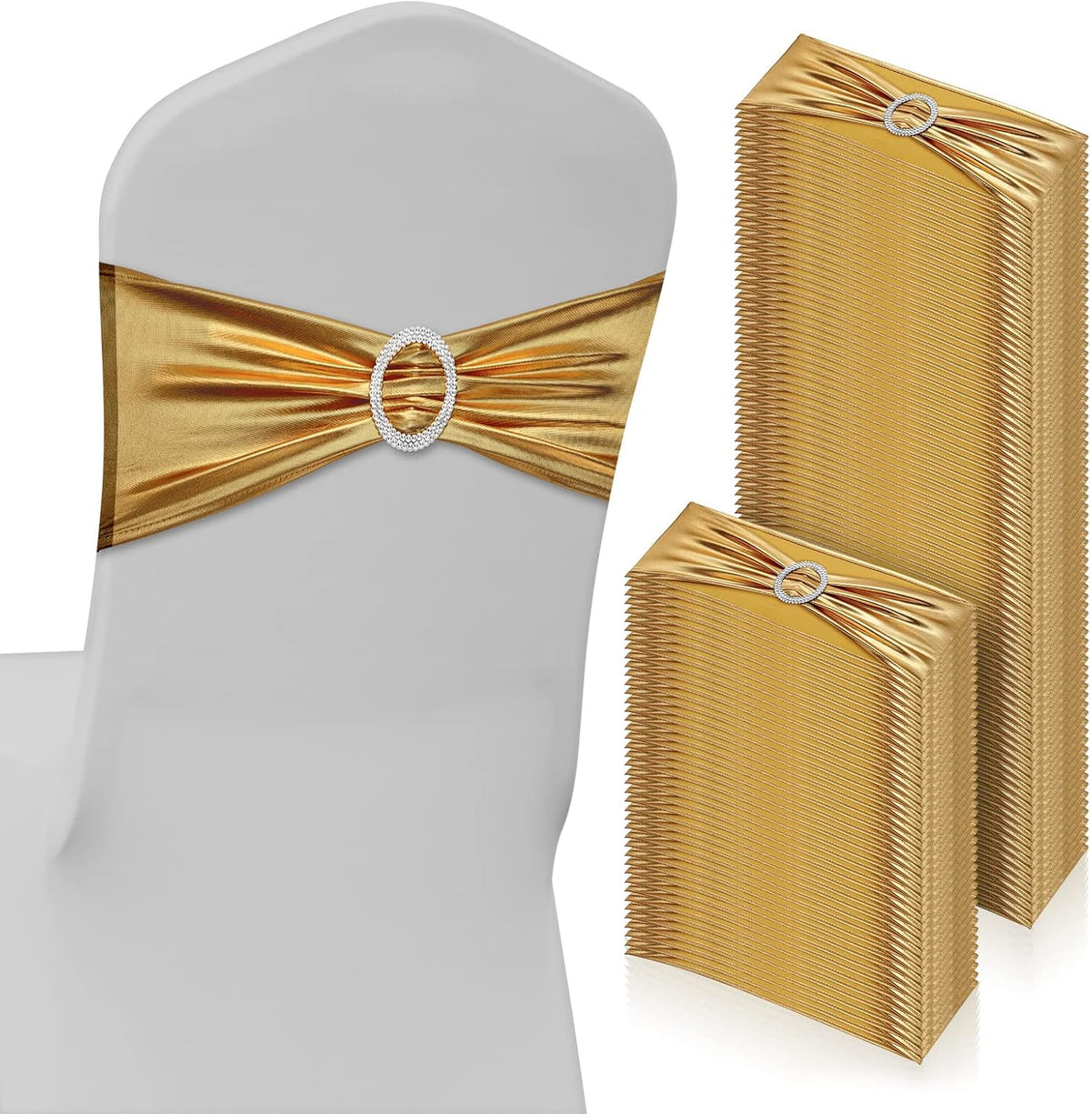 CHENGU 150 Pieces Spandex Stretch Chair Sashes Bows Elastic Chair Cover Bands Ties with Buckle