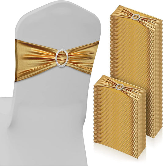 CHENGU 150 Pieces Spandex Stretch Chair Sashes Bows Elastic Chair Cover Bands Ties with Buckle