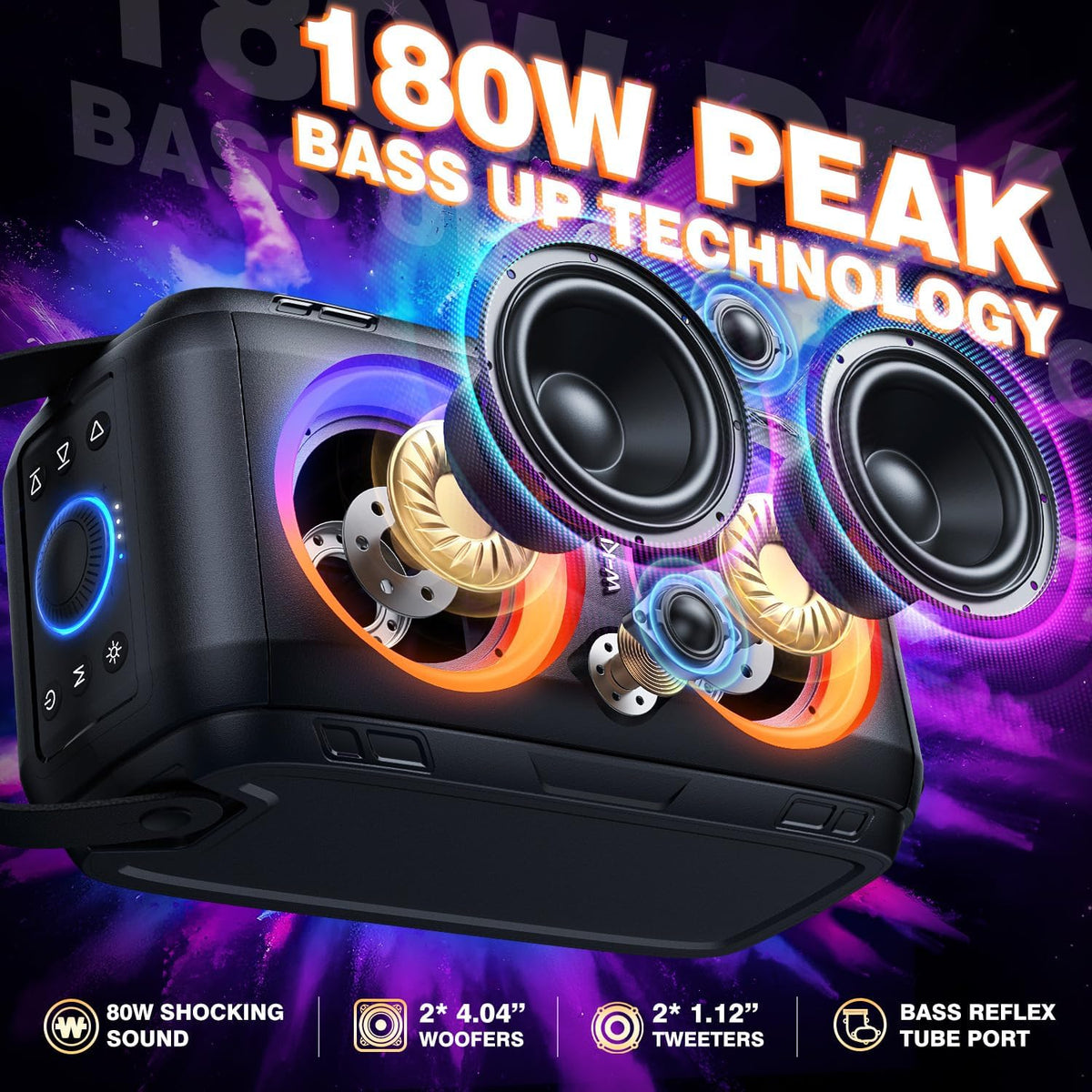 W-KING Party Loudest Portable Bluetooth Speaker Wireless Boom Box, 180W Max Big Large Outdoor