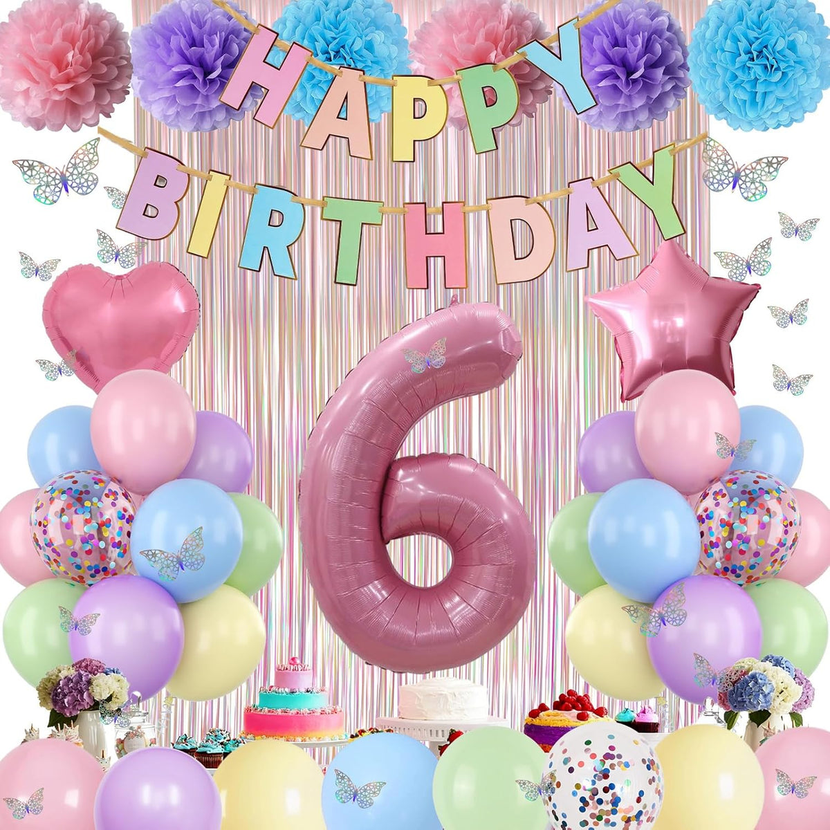 Pastel 6th Birthday Party Decorations for Girls Number 6 Balloon Happy Birthday Banner Butterfly